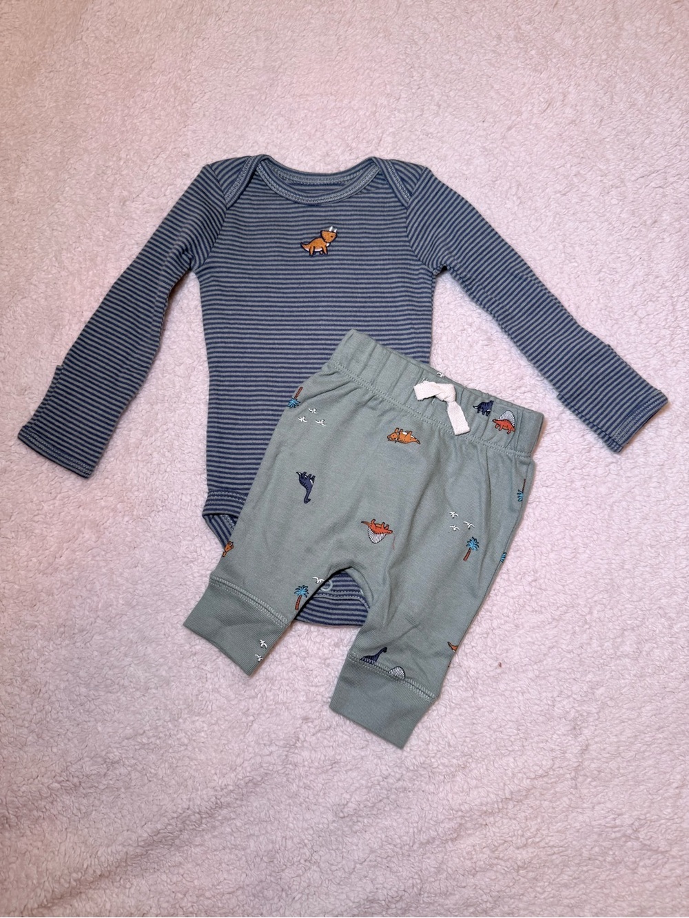 Carter's Sage Green Dino Print Baby Pants & Striped Long Sleeve Top